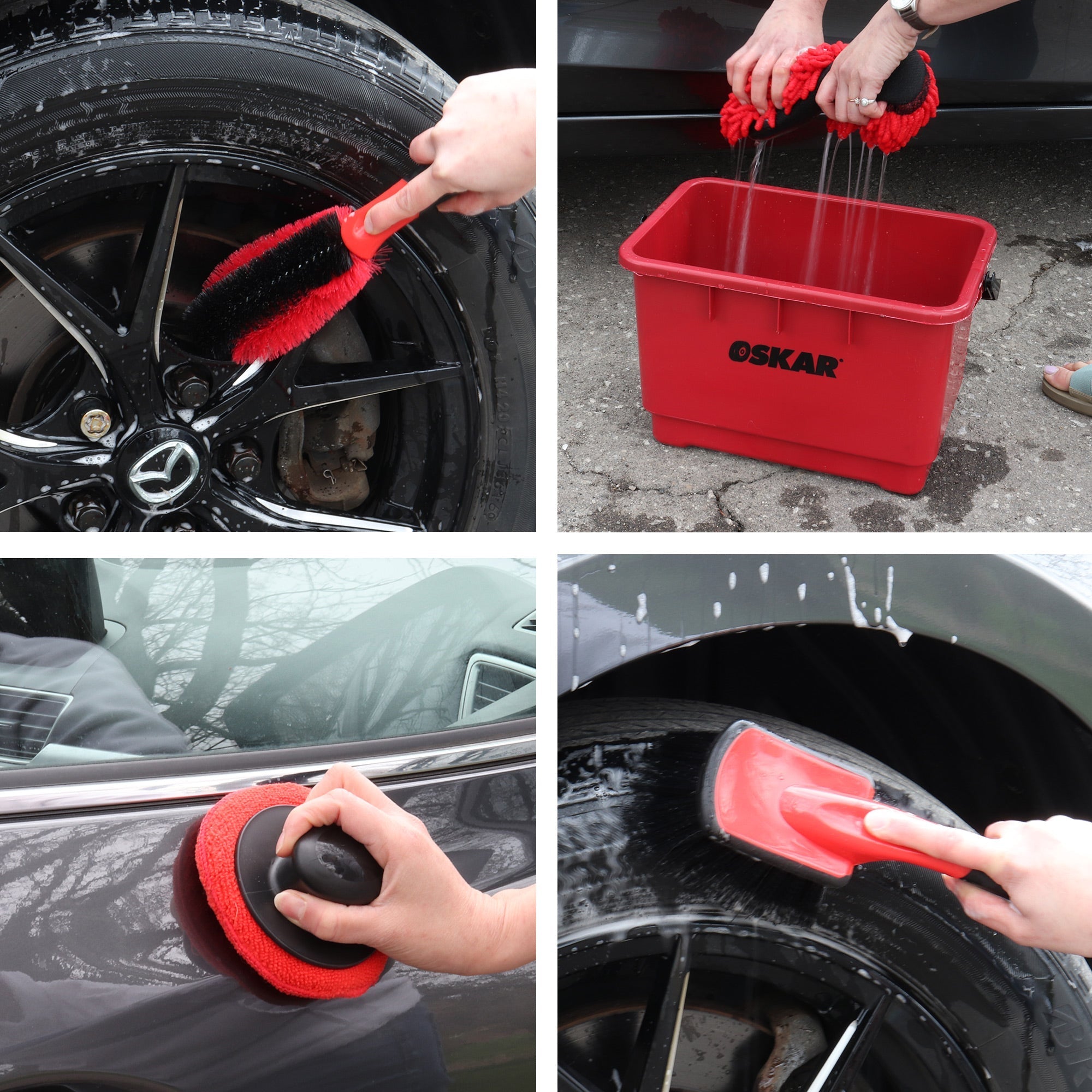 Grid of four lifestyle images of ultimate car wash kit being used to wash a dark gray car: First shows the mag wheel brush being used to wash clean a tire rim; second shows two hands wringing out wash and scrub sponge over the bucket; third shows the tire brush being used to wash scrub a tire; fourth shows the product applicator pad with handle attached being rubbed on the car door