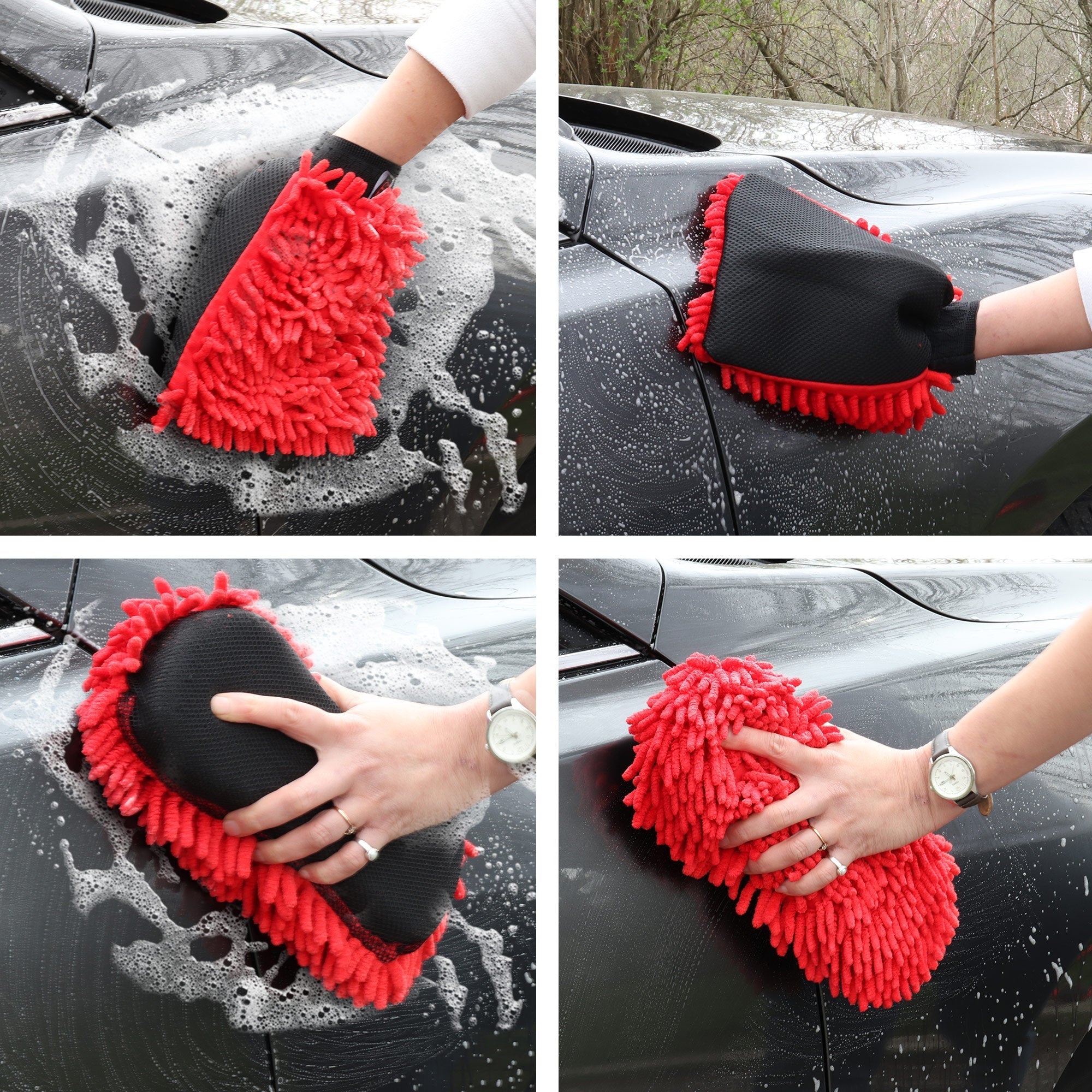 Grid of four lifestyle images of ultimate car wash kit being used to wash a dark gray car: First shows the wash and scrub mitt being used to wash the car with the scrubbing side down; second shows the mitt being used to wash the car with the chenille side down; third shows the wash and scrub sponge being used to wash the car with the chenille side down; fourth shows the sponge being used to wash the car with the scrubbing side down