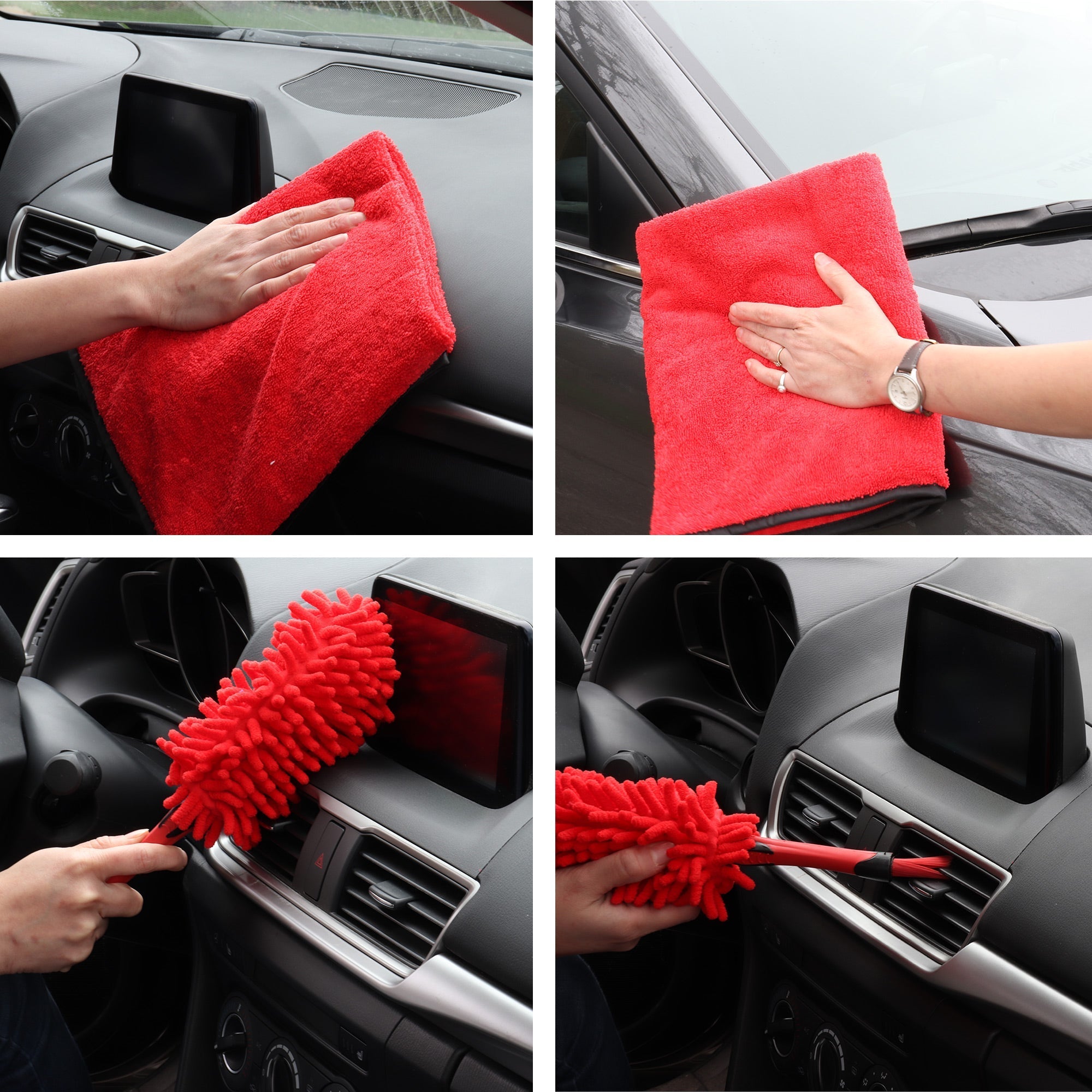 Grid of four lifestyle images of ultimate car wash kit being used to clean a dark gray car: First shows the XL drying towel being used to wipe the black dashboard; second shows the XL drying towel being used to wipe the exterior; third shows the microfiber end of the two-way duster being used to dust the dashboard; fourth shows the detailing brush end being used to dust the air vent