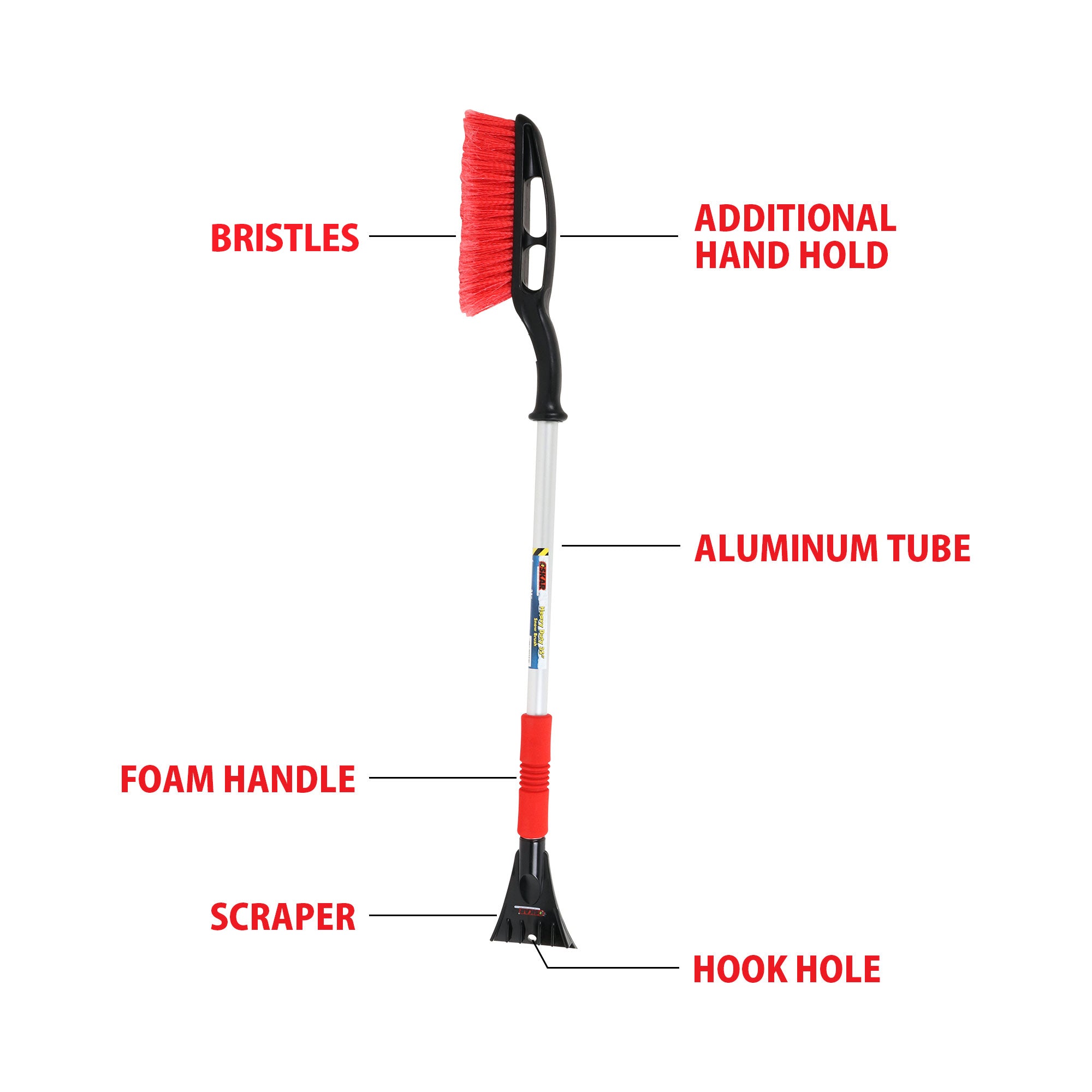 Product shot on white background of snow brush with parts labeled: Bristles; additional hand hold; aluminum tube; foam handle; scraper; hook hole
