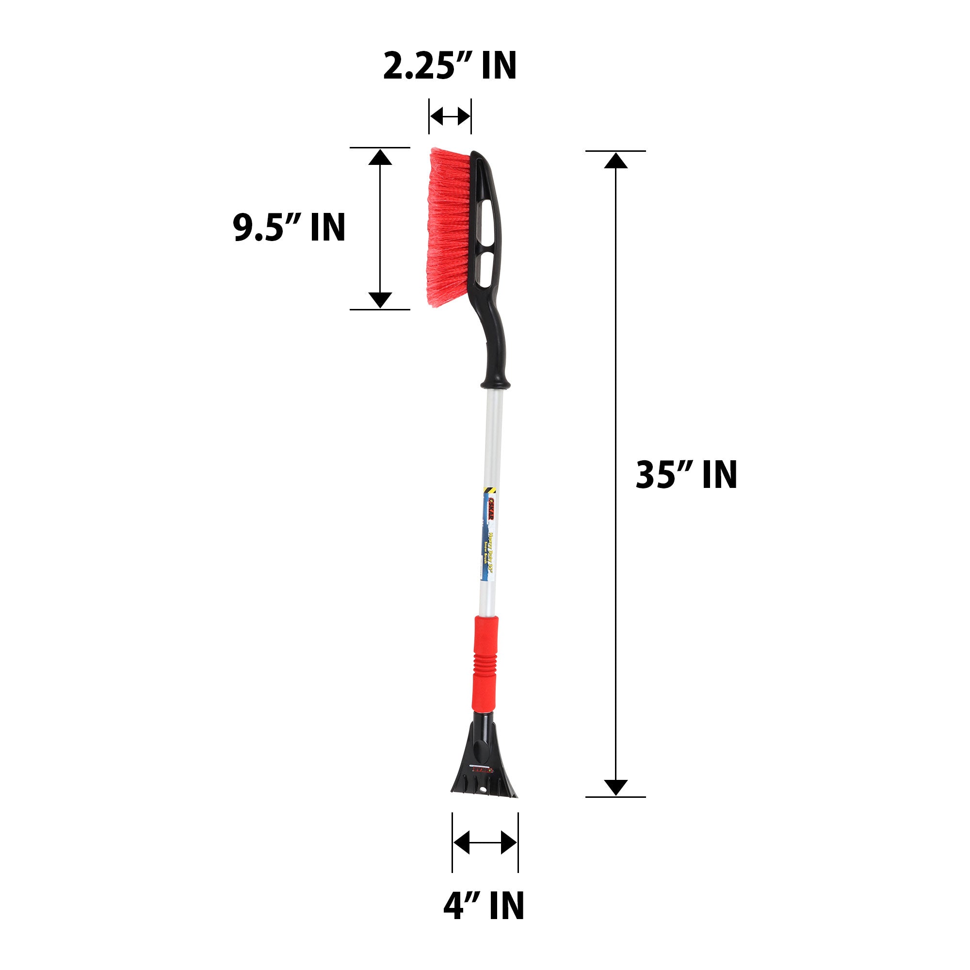 Product shot on white background of snow brush with dimensions labeled