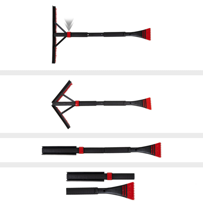Four product shots on white background show the folding snow brush in various configurations: Top shows it fully expanded with a light gray arrow pointing to the red brush head release button; second shows it with the brush head partly folded; third shows it assembled with the brush head doubled up; and fourth shows the brush and ice scraper separated