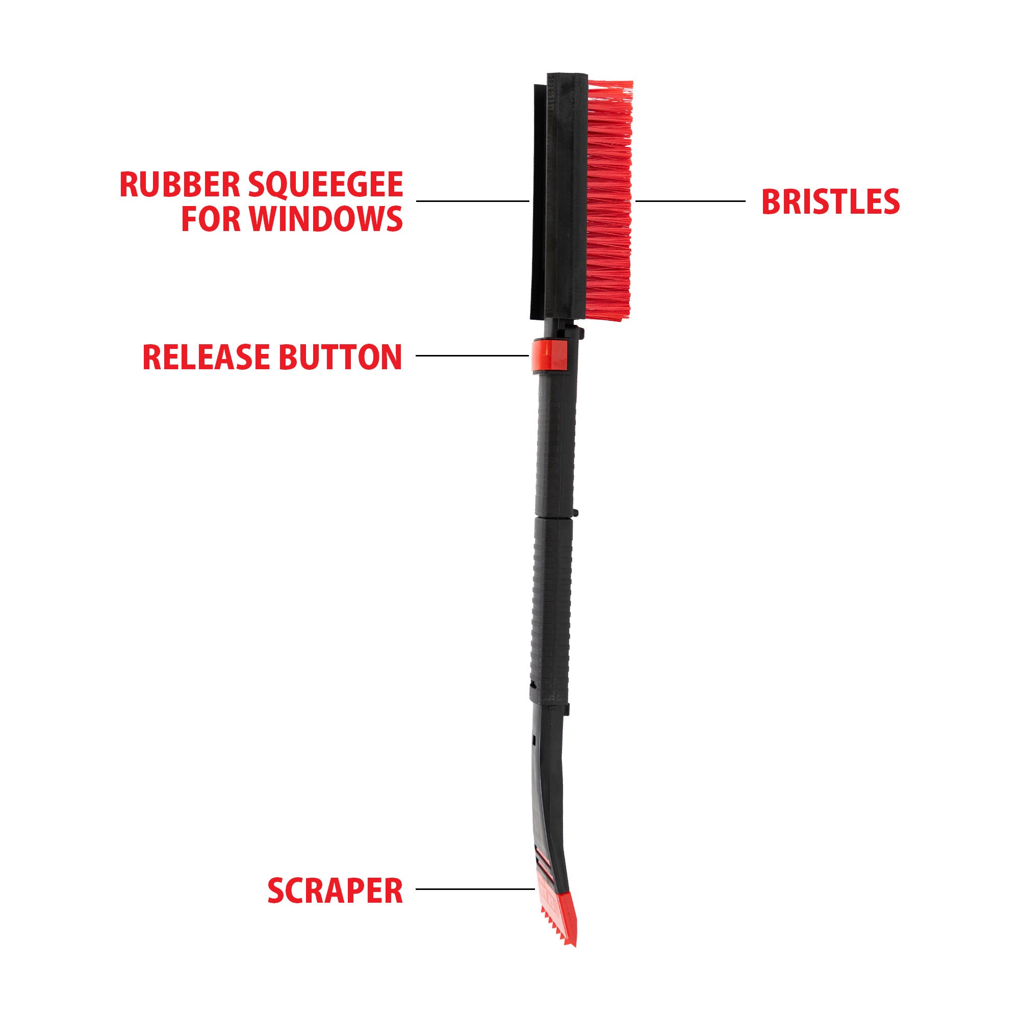 Product shot on white background of snow brush with parts labeled: Rubber squeegee for windows; bristles; release button; scraper