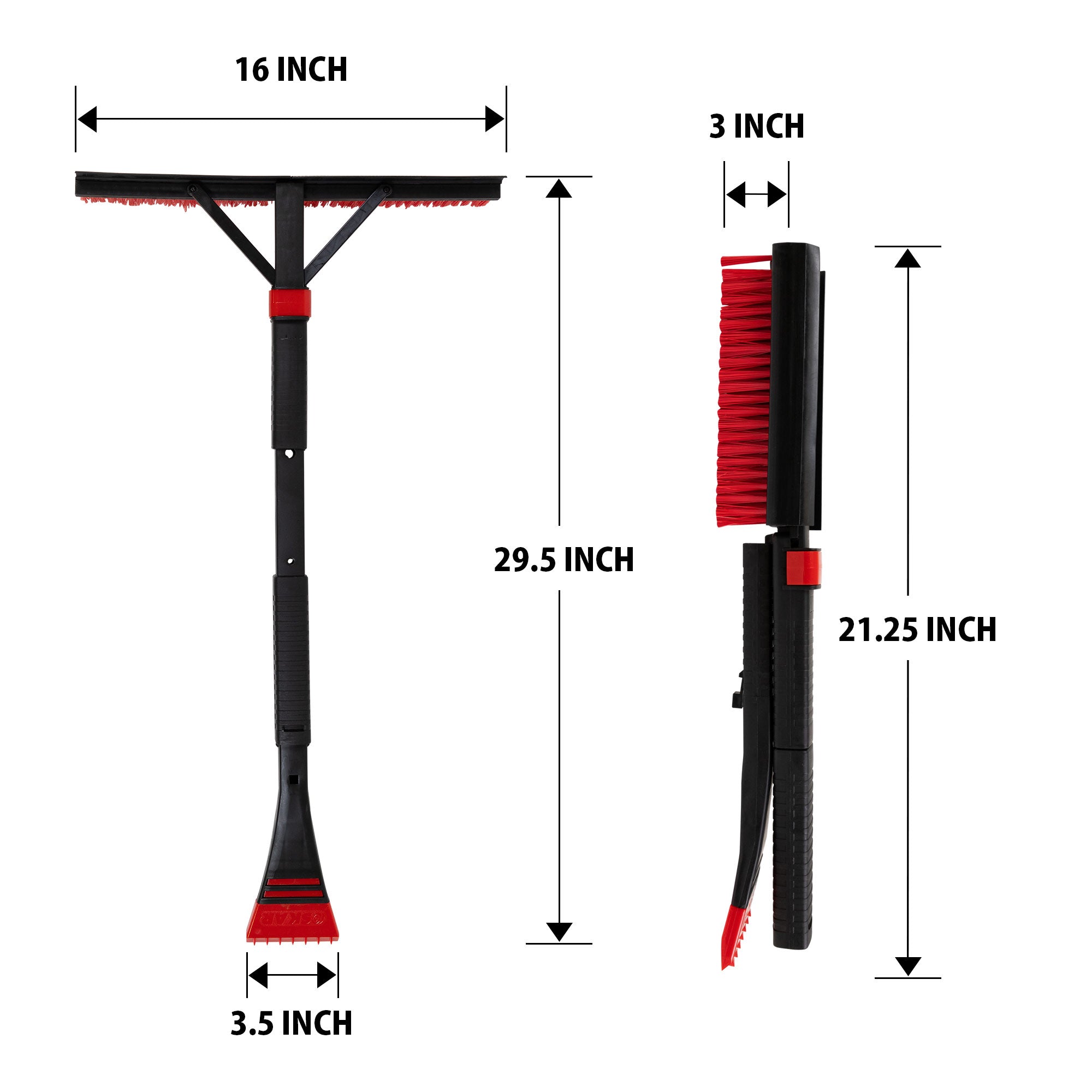 Two product shots on white background of snow brush fully expanded and fully collapsed for storage with dimensions labeled