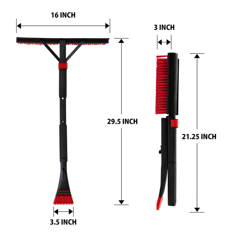 Two product shots on white background of snow brush fully expanded and fully collapsed for storage with dimensions labeled