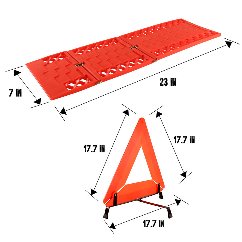 Product shots of one emergency traction tread and the reflective safety triangle on a white background with dimensions labeled