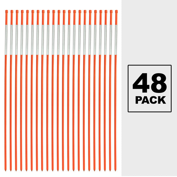 Product shot of 22 orange driveway markers with white reflective tape laid out side by side on a white background. Text to the right reads, "48 pack"