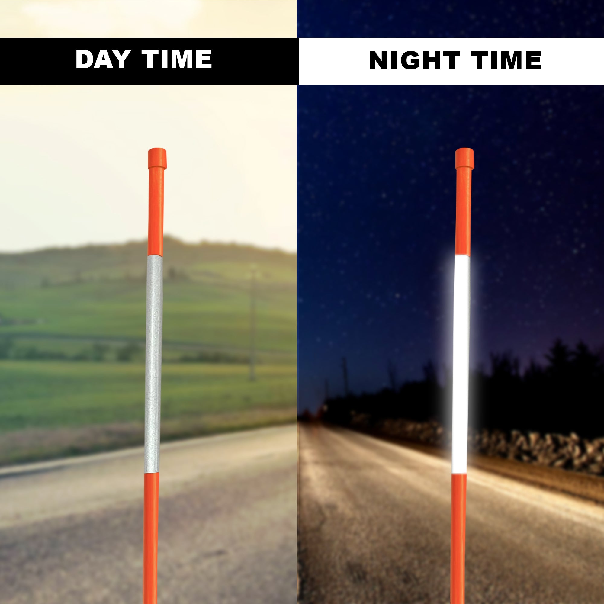Side by side images show a closeup of the top portion of the orange driveway markers with a paved road and field in the background. Left image is in daylight with text overlay reading, "Daytime," and right image shows a night sky and the reflective tape glowing with text overlay reading, "Nighttime"