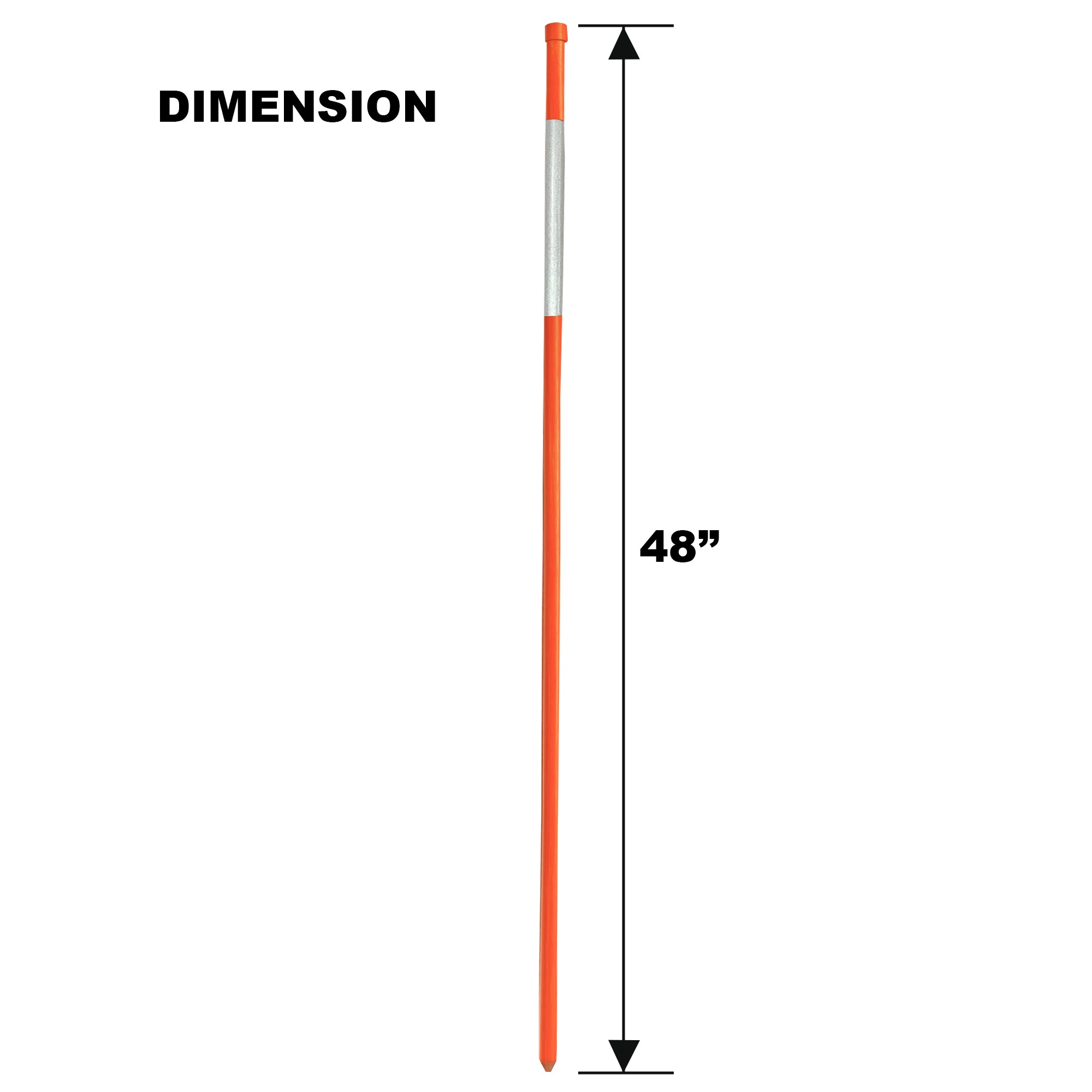 Product shot of 48-inch orange driveway marker with dimensions labeled