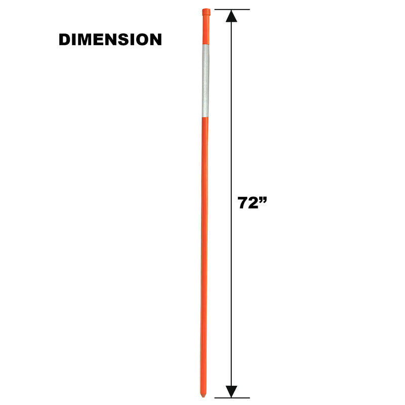 Product shot of 72-inch orange driveway marker with dimensions labeled