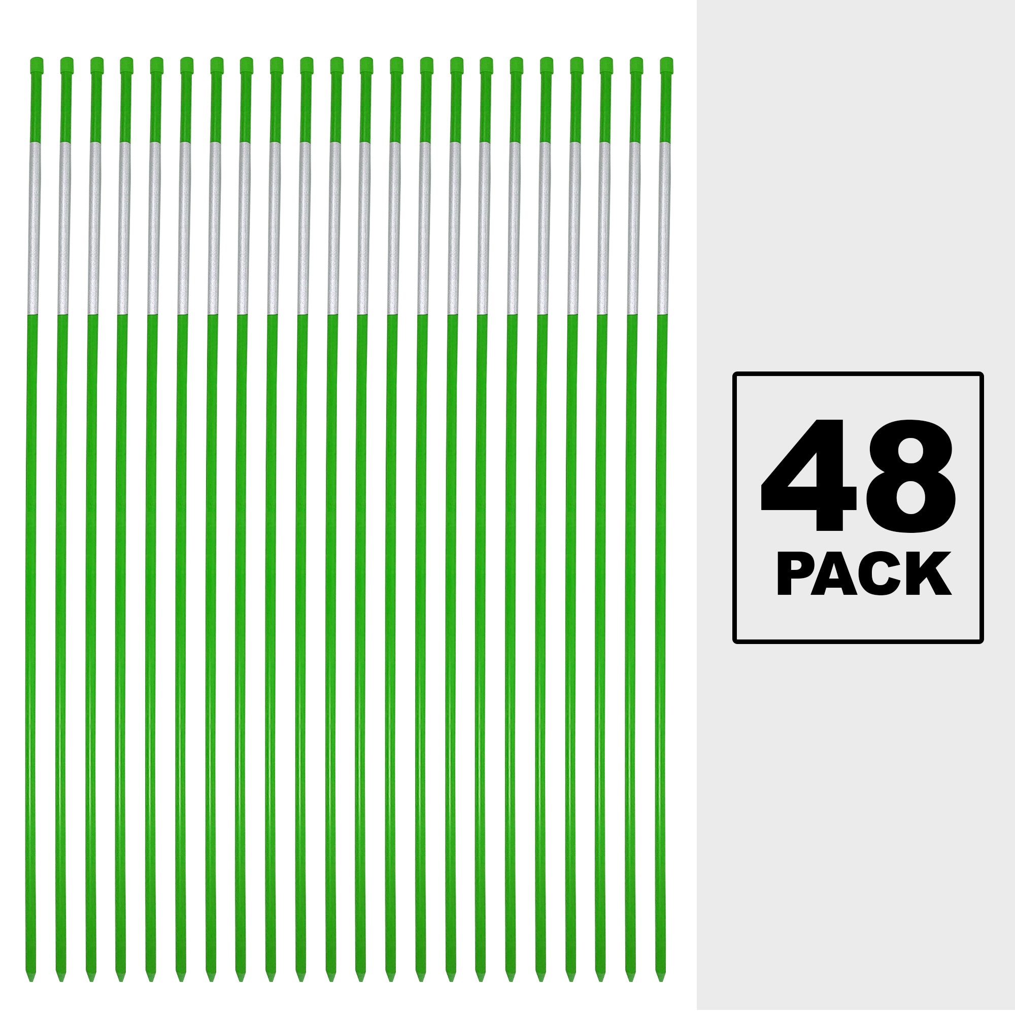 Product shot of 22 green driveway markers with white reflective tape laid out side by side on a white background. Text to the right reads, "48 pack"