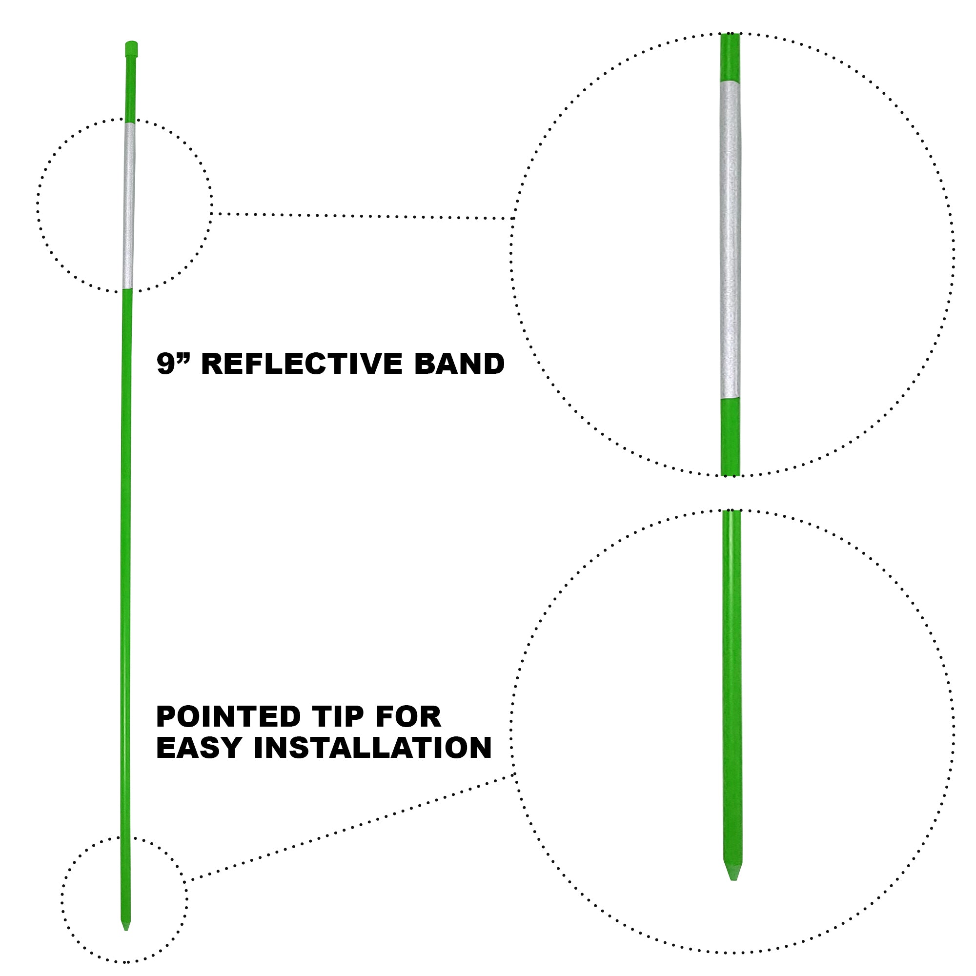 Product shot of green driveway marker on a white background with inset closeups of features, labeled: 9" reflective band; pointed tip for easy installation