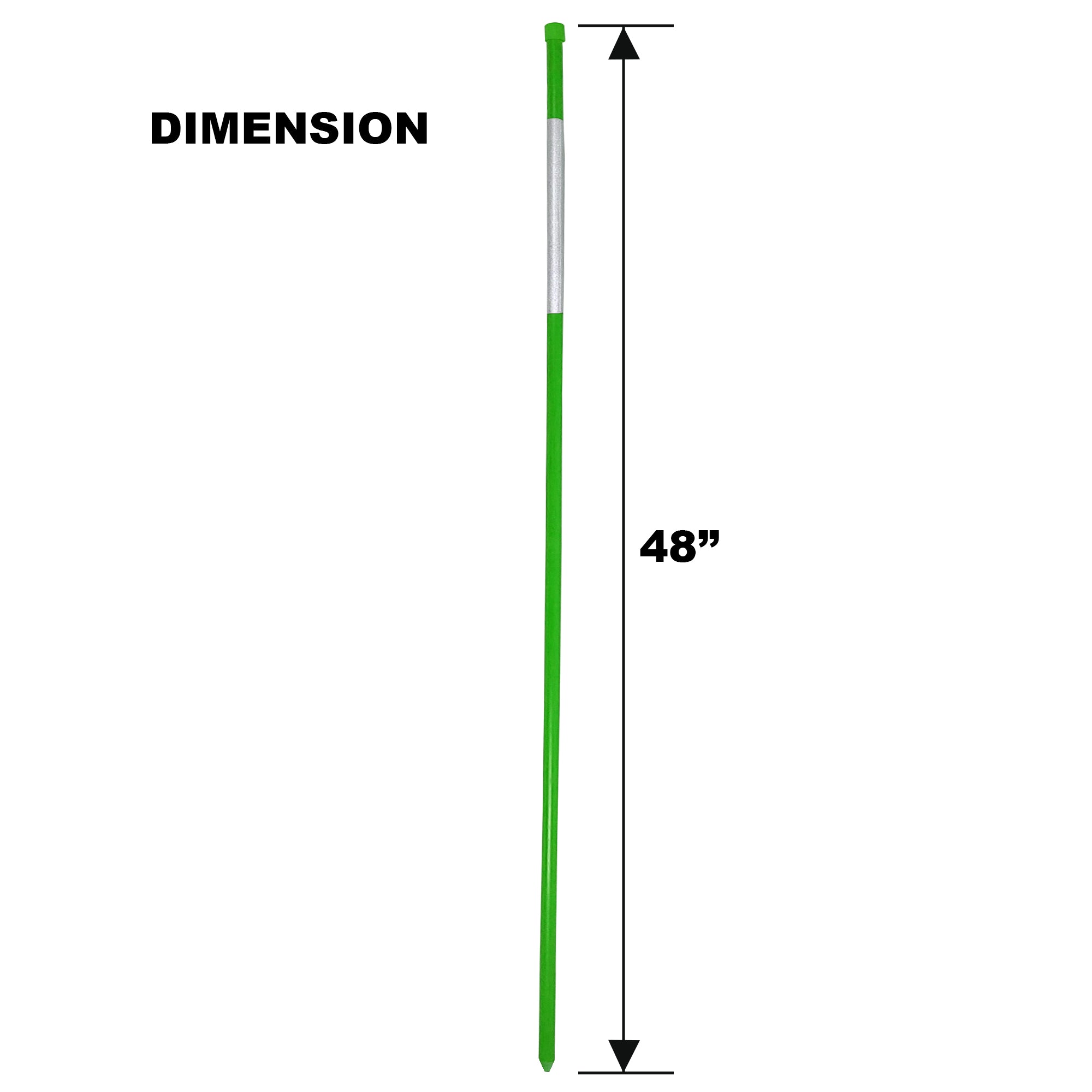 Product shot of 48-inch green driveway marker with dimensions labeled