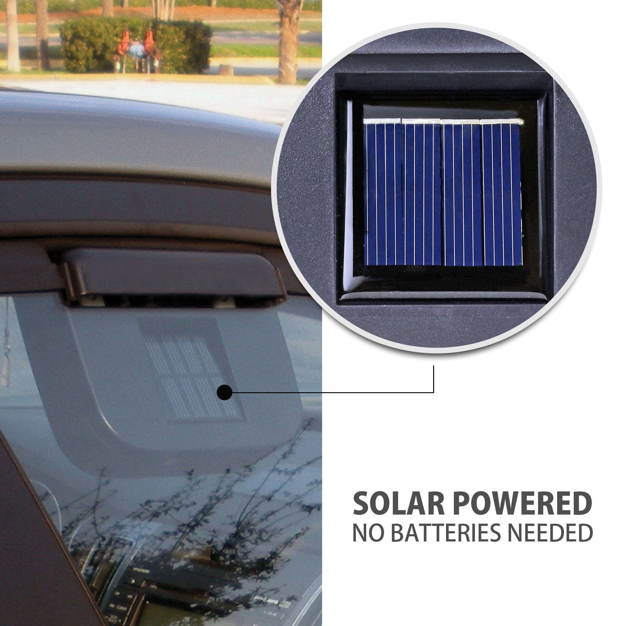 Lifestyle image of the AutoKool vehicle vent system mounted on a car window viewed from outside with an inset closeup of the solar panel. Text below reads, "Solar powered: no batteries needed"