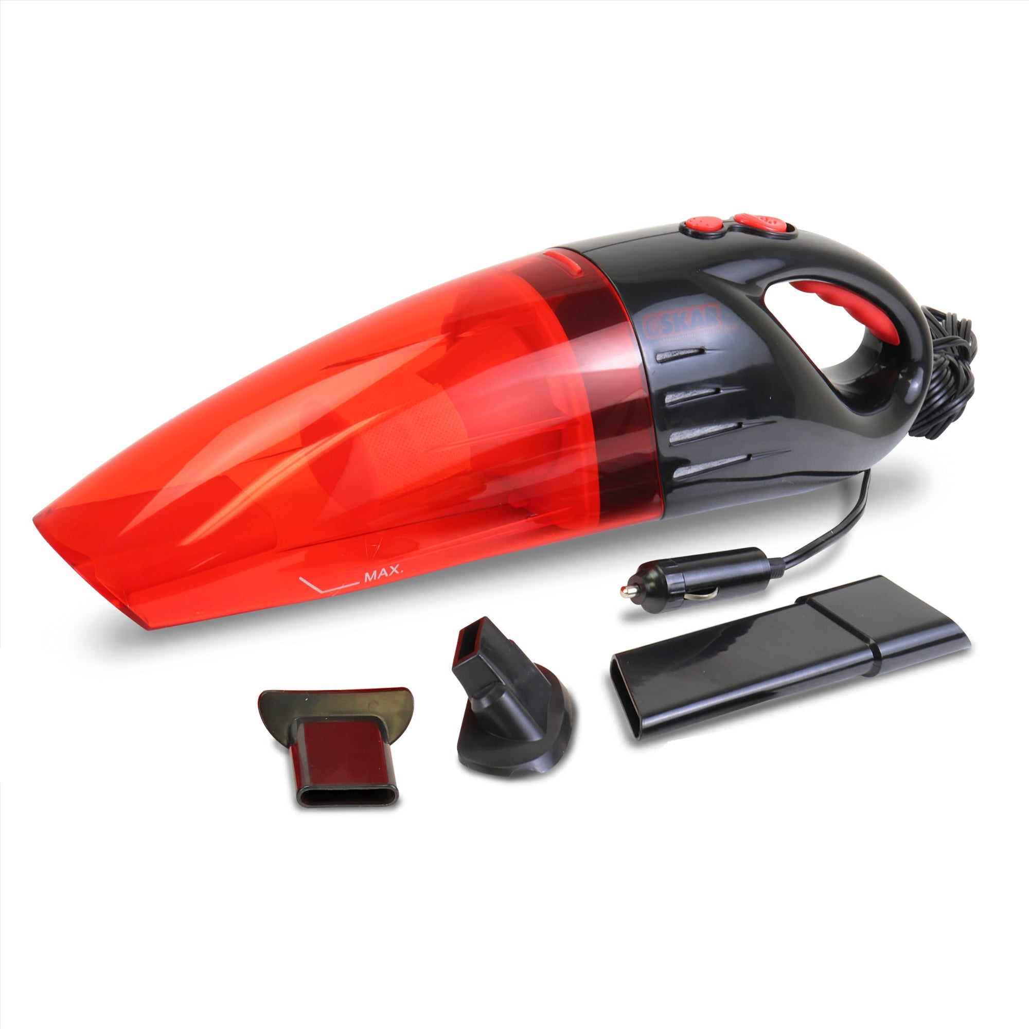 Product shot of Oskar 12V handheld vehicle vacuum with the 12V power cord visible and 3 nozzle attachments below