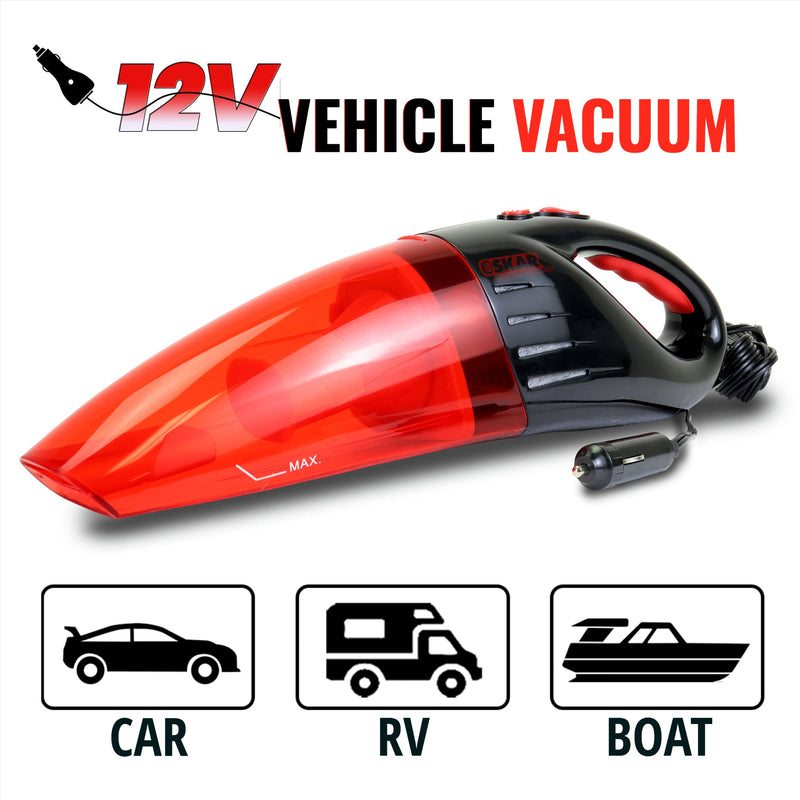 Product shot of Oskar 12V handheld vehicle vacuum on a white background with labeled icons below showing a car, an RV, and a boat. Text above reads, "12V vehicle vacuum"