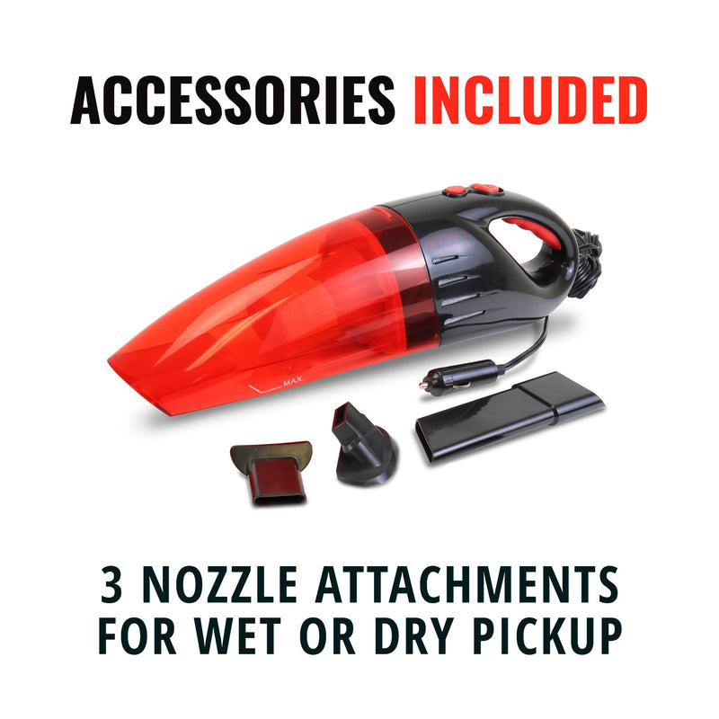 Product shot of Oskar 12V handheld vehicle vacuum with the 12V power cord visible and 3 nozzle attachments below it. Text above reads, "Accessories included," and text below reads, "3 nozzle attachments for wet or dry pickup"