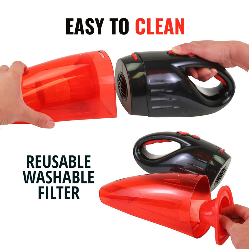 Top image shows a person's hands detaching the dust cup from the handle/motor portion of the Oskar 12V handheld vacuum with text above reading, "Easy to clean." Bottom image the parts separated and a person's hand removing the reusable filter with text to the left reading, "Reusable washable filter"