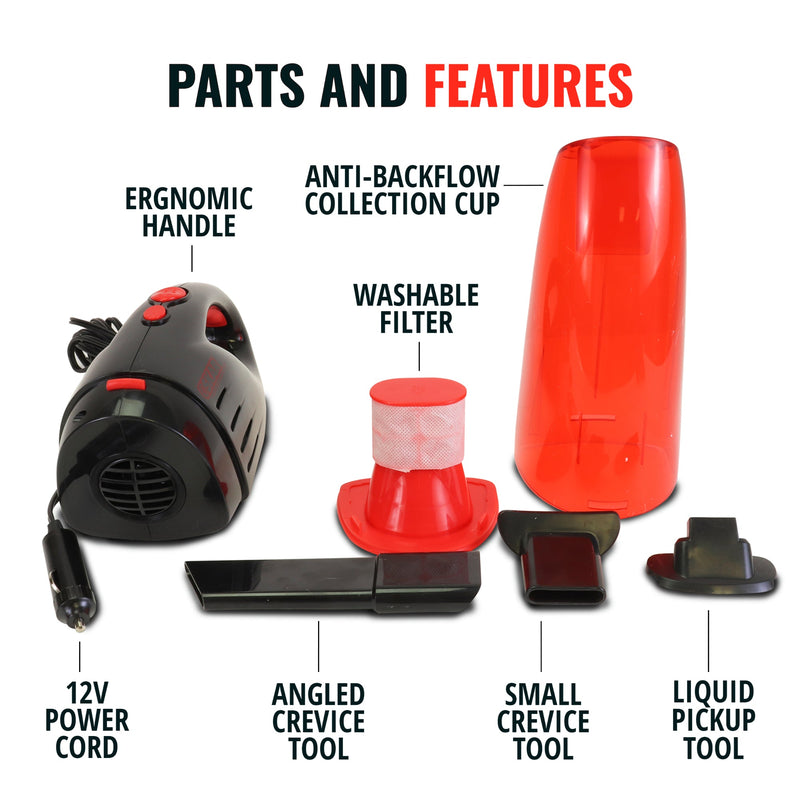 Product shot of the Oskar 12V handheld vehicle vacuum, disassembled, on a white background, with the parts labeled: Ergonomic handle; anti-backflow collection cup; washable filter; 12V power cord; angled crevice tool; small crevice tool; liquid pickup tool