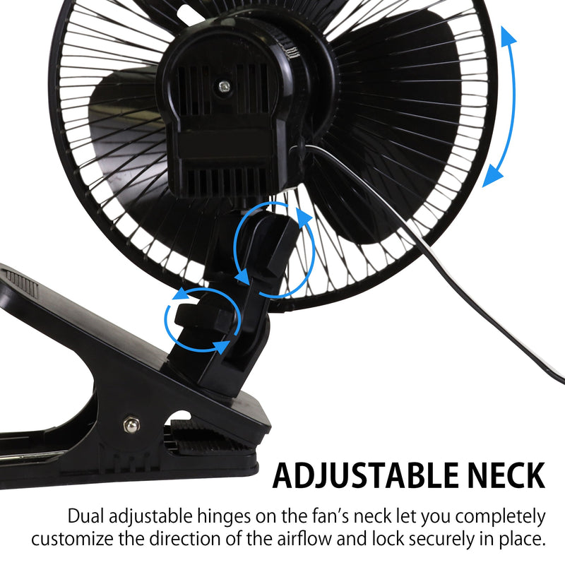 Product shot of 12V oscillating clip-on fan viewed from the back on a white background. Text below reads, "Adjustable neck: Dual adjustable hinges on the fans neck let you completely customize the direction of the airflow and lock securely in place"