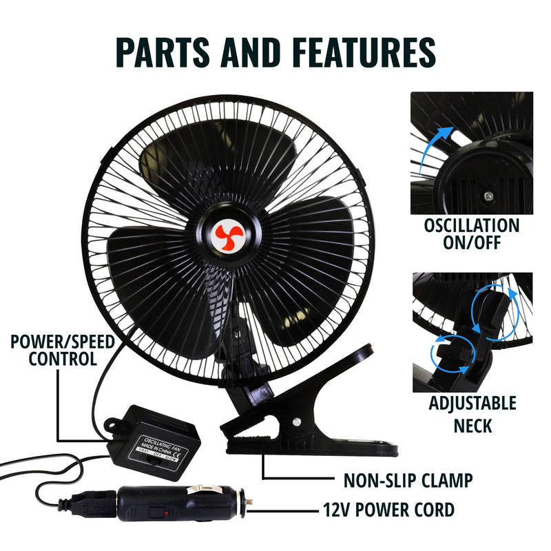 Product shot of 12V oscillating clip-on fan on a white background with parts labeled: Power/speed control; 12V power cord; non-slip clamp. Inset images, labeled, show the oscillation on/off switch and adjustable hinges