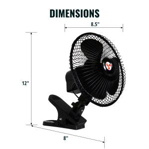 Product shot of 12V oscillating clip-on fan on a white background with dimensions labeled