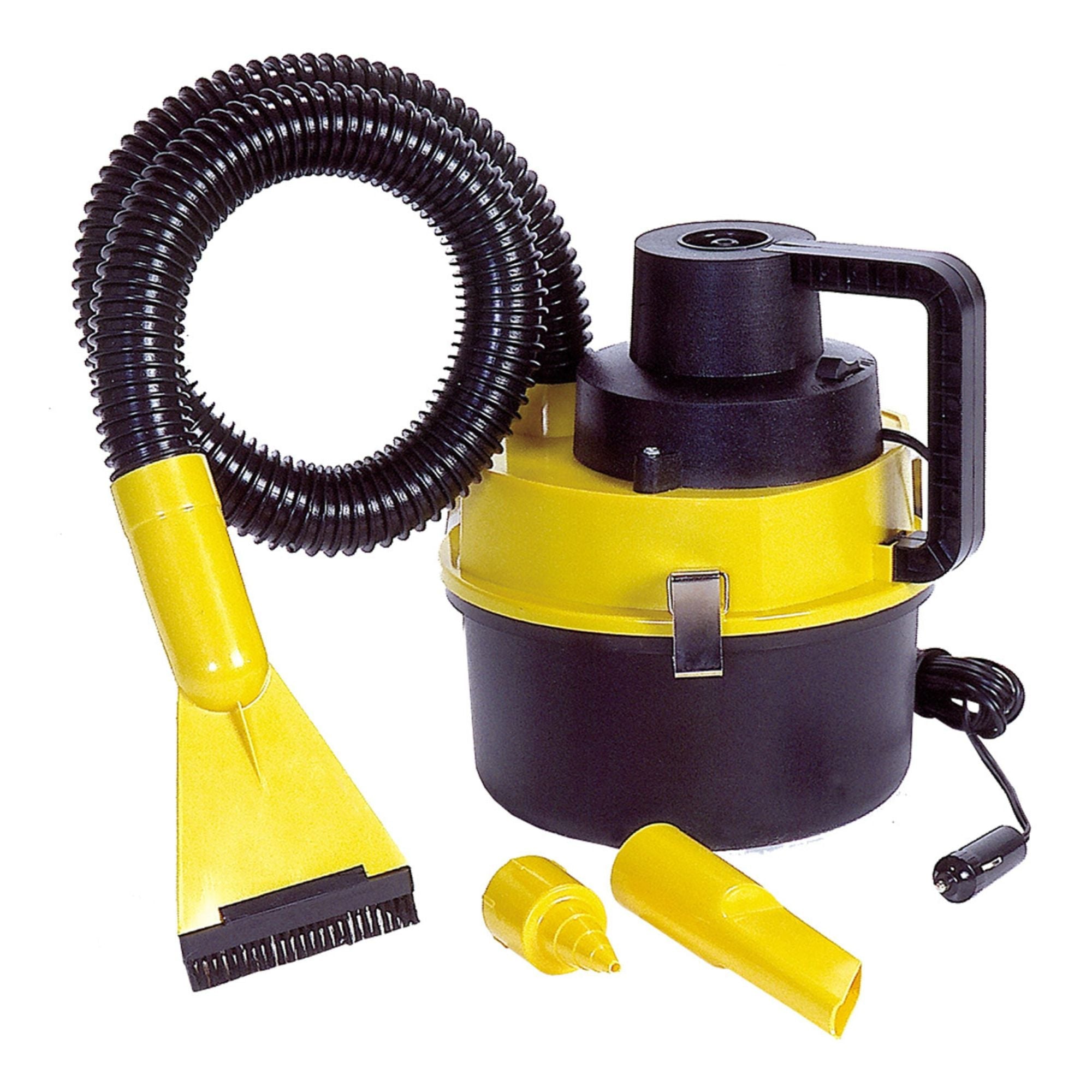 Product shot of 12V portable canister vacuum and inflator on a white background with the 12V power cord and 4 nozzle attachments visible