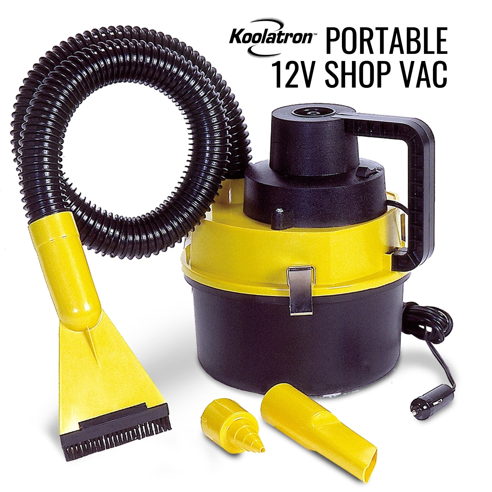 Product shot of 12V portable canister vacuum and inflator on a white background with the 12V power cord and 4 nozzle attachments visible. Text above reads, "Koolatron Portable 12V shop vac"