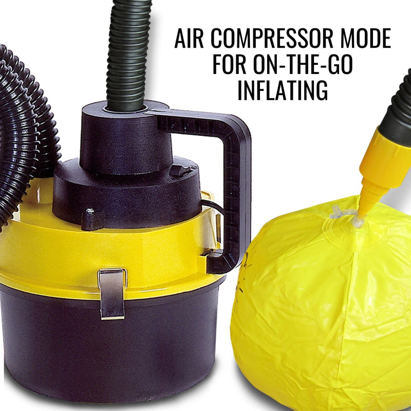 Product shot of the 12V portable shop vac being used in compressor mode to inflate a large yellow beach ball. Text above reads, "Air compressor mode for on the go inflating"