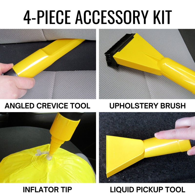 Four lifestyle images, labeled, show the 12V 1 gal vehicle vacuum with various nozzle attachments in use inside a vehicle with dark gray interior: 1. Using angled crevice tool in the crack of a seat; 2. Using upholstery brush (attached to liquid pickup tool) on a seat; 3. Using inflator tip to blow up a beach ball; 4. Using liquid pickup tool on the vehicle carpet