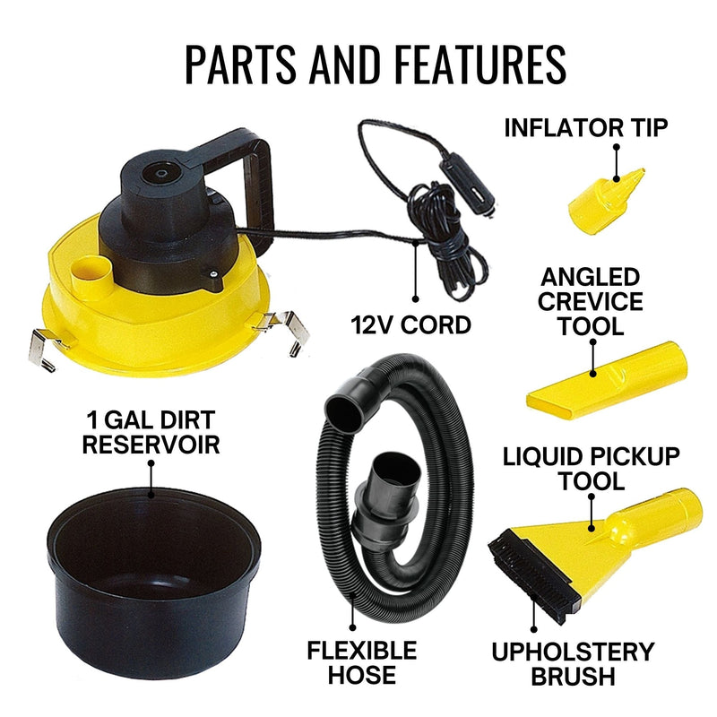 Product shot of the Koolatron 12V portable canister vacuum, disassembled, on a white background, with the parts labeled: 1 gal dirt reservoir; 12V cord, flexible hose; inflator tip; angled crevice tool; liquid pickup tool; upholstery brush. Text above reads, "Parts and features"