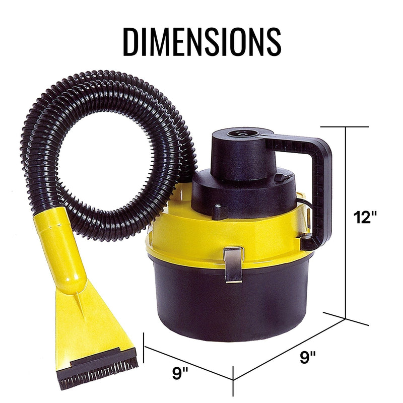 Product shot of 12V mini shop vac on a white background with dimensions labeled