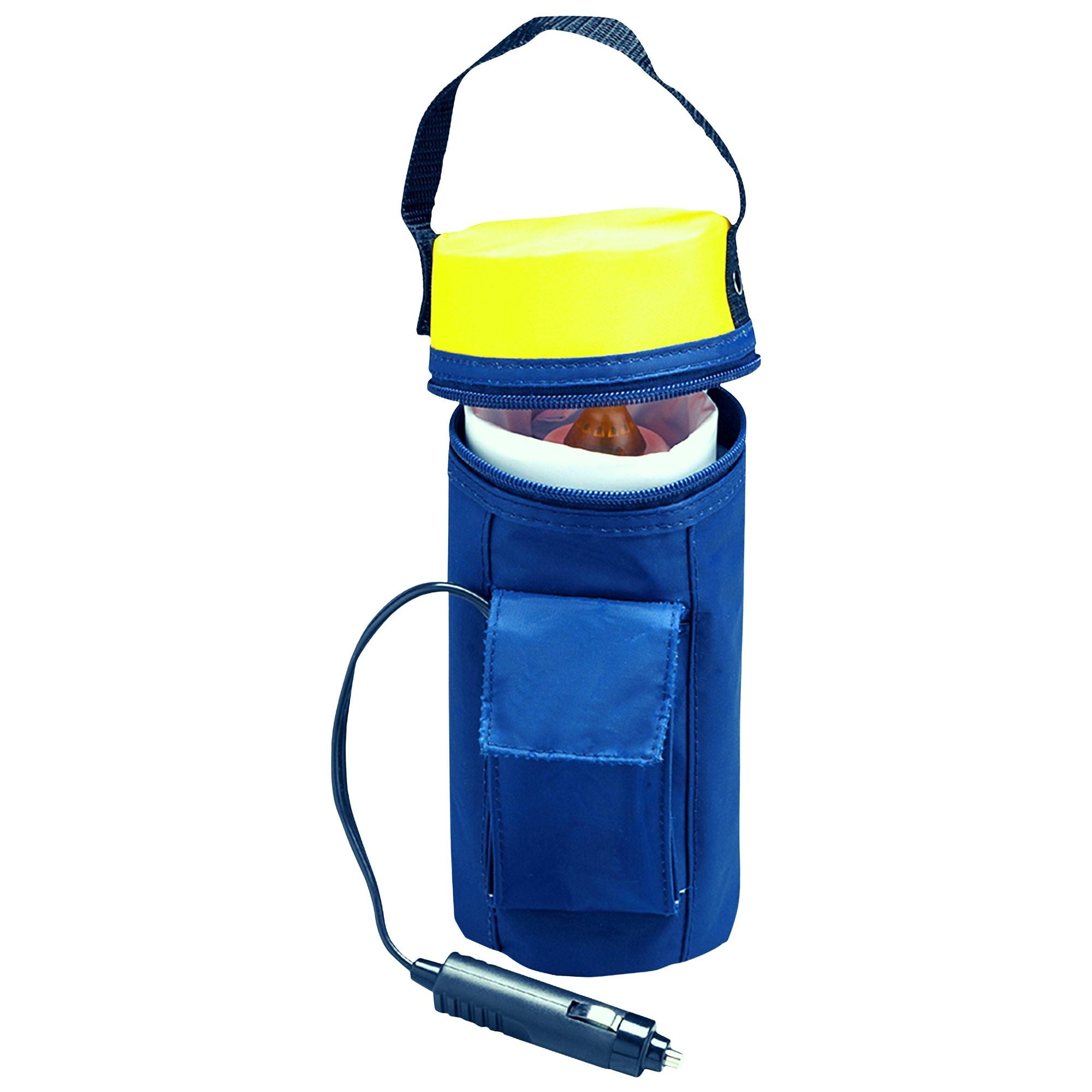 Product shot of 12V baby bottle warmer, partly open with a bottle inside, on a white background with 12V power cord visible