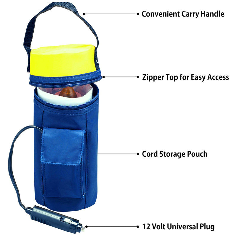 Product shot of 12V baby bottle warmer, partly open with a bottle inside, on a white background, with parts labeled: Convenient carry handle; zipper top for easy access; cord storage pouch; 12 volt universal plug