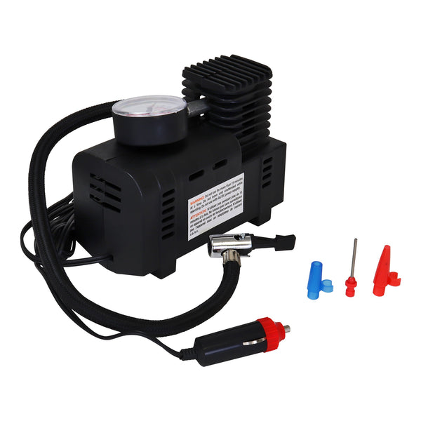 Product shot of 12V portable air compressor on a white background with the 12V power cord and nozzle adapters visible