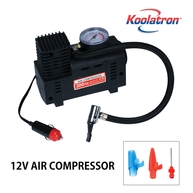 Product shot of 12V portable air compressor on a white background with the three nozzle adapters below. The Koolatron logo is above and text below reads, "12V Air Compressor"