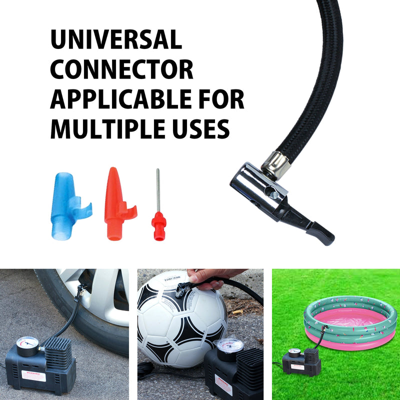 Product shot of the universal valve stem connector with thumb lock and flexible air hose beside the three nozzle adapters on a white background. Three lifestyle images below show the 12V compressor being used to inflate a car tire, a soccer ball, and a wading pool. Text above reads, "Universal connector applicable for multiple uses"