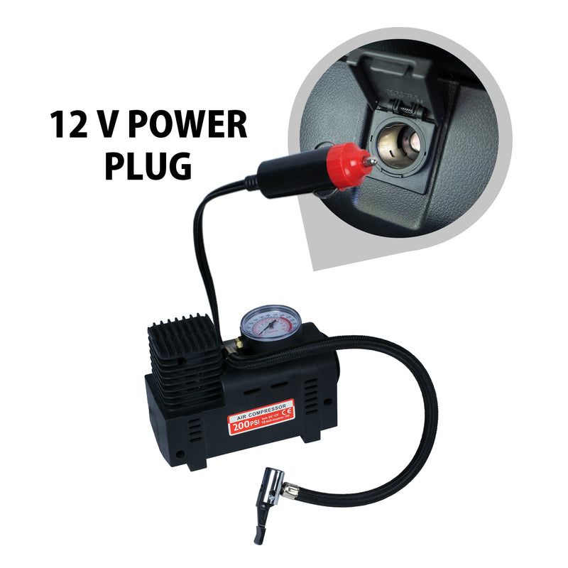 Product shot of 12V portable tire inflator with inset closeup of a 12V power receptacle in a vehicle. Text to the left reads, "12V power plug"