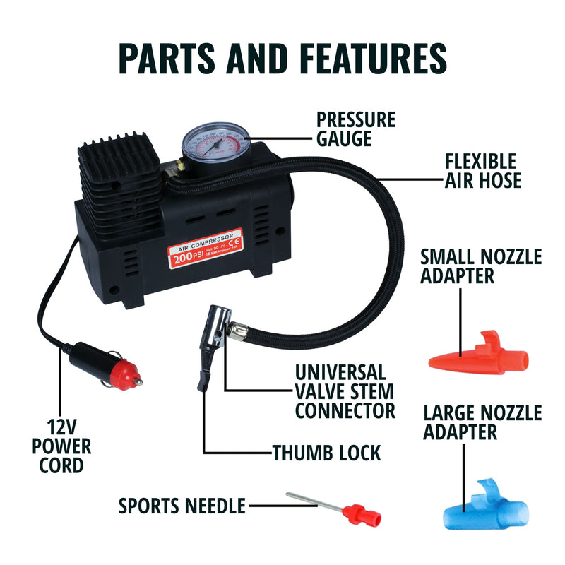 Product shots of all parts of the 12V portable air compressor, labeled: Pressure gauge; flexible air hose; small nozzle adapter; large nozzle adapter; universal valve stem connector; thumb lock; sports needle; 12V power cord