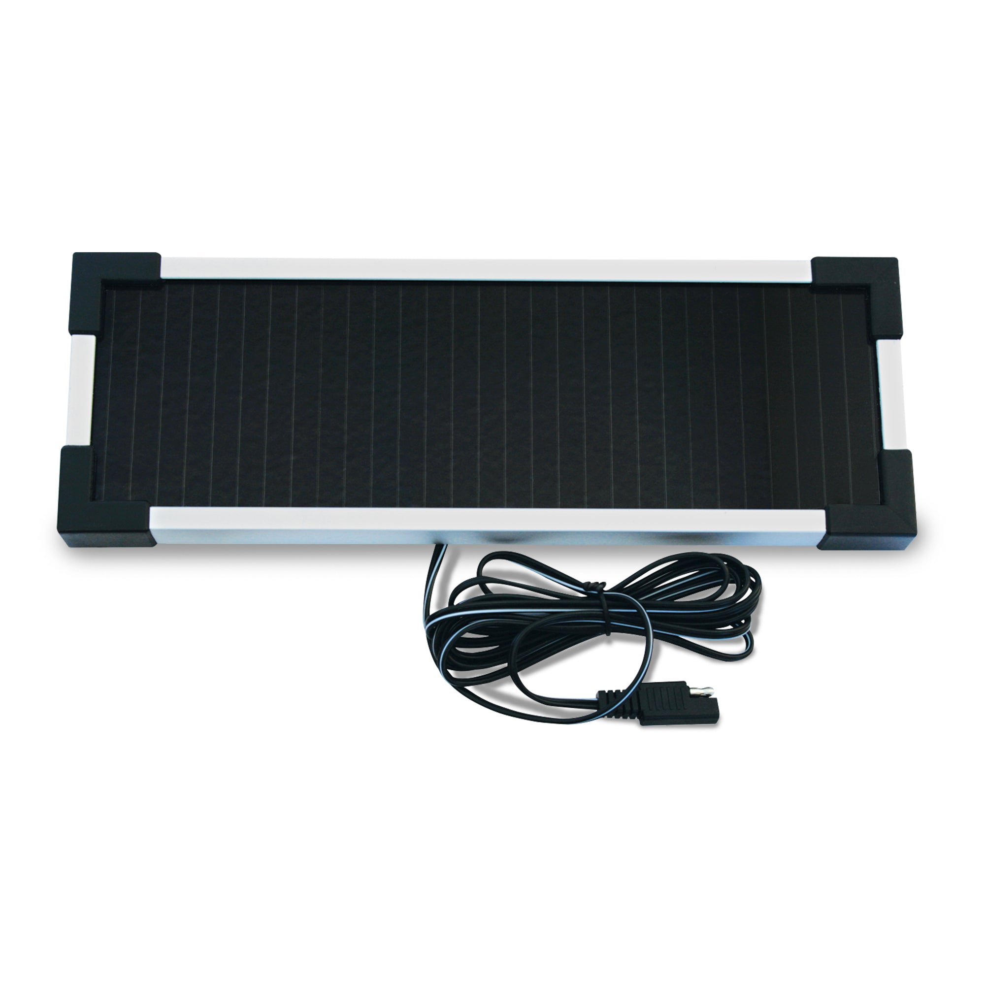 Product shot of 1.9W solar trickle charger with power cord and J-plug visible on a white background