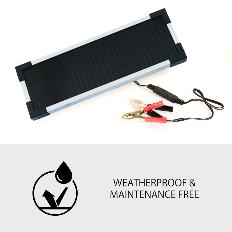 Product shot of 1.9W solar trickle charger on a white background with battery clamp adapter plugged into the J-plug and text below reading, "Weatherproof and maintenance free"