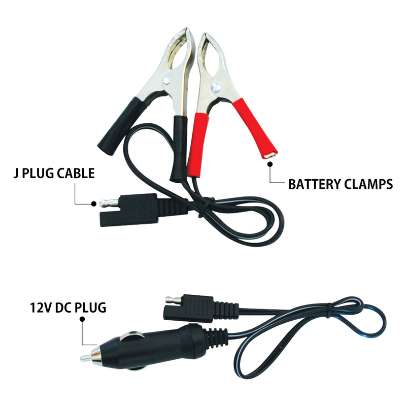 Product shots of battery clamp adapter and 12V DC plug adapter on a white background with labels indicating the J-plug cable, battery clamps, and 12V DC plug