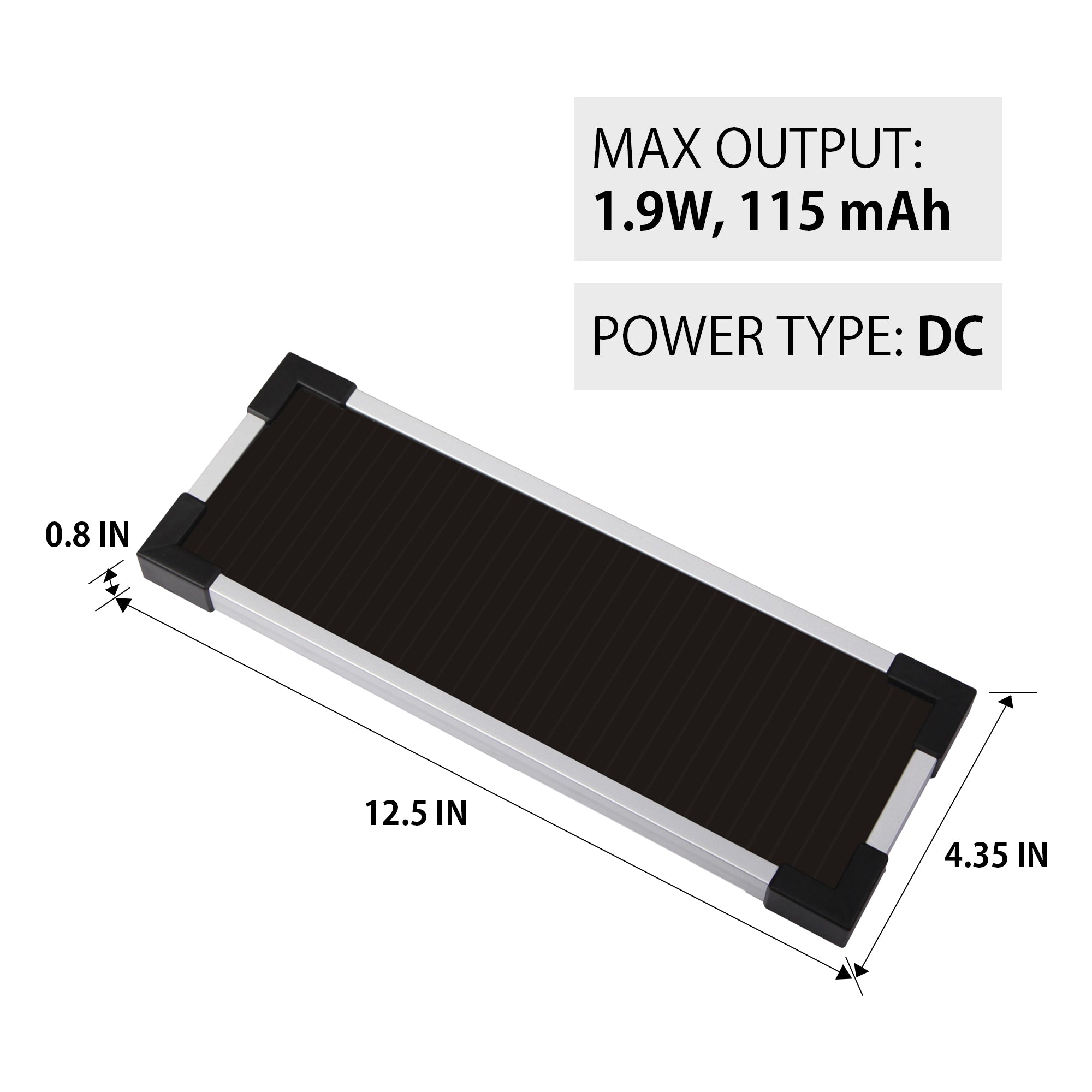 Product shot of 1.9W solar trickle charger on a white background with dimensions and specifications labeled