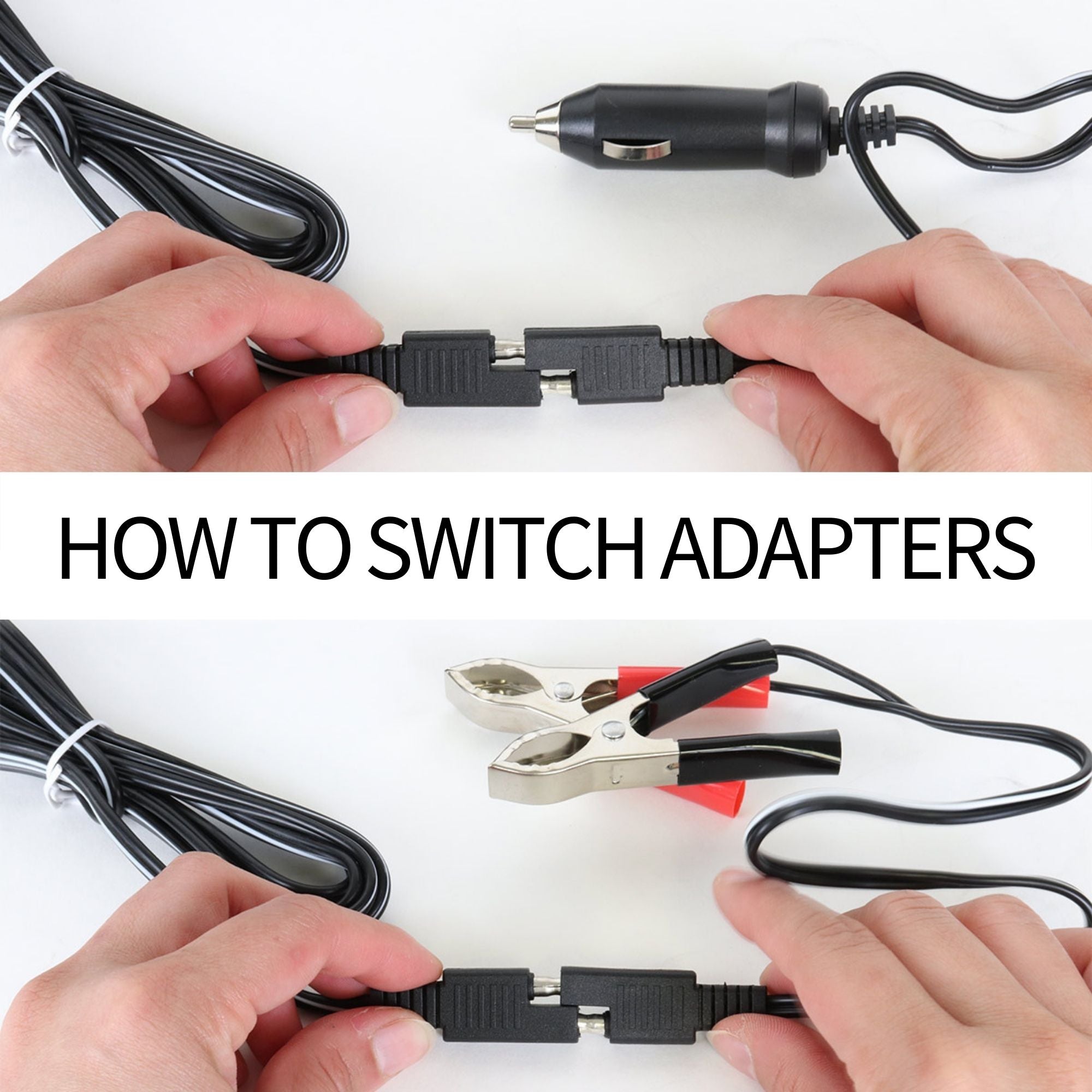 Top image shows a person's hands plugging the 12V DC adapter into the J-plug and bottom image shows a person's hands plugging the battery clamp adapter into the J-plug; text in the middle reads, "How to switch adapters"