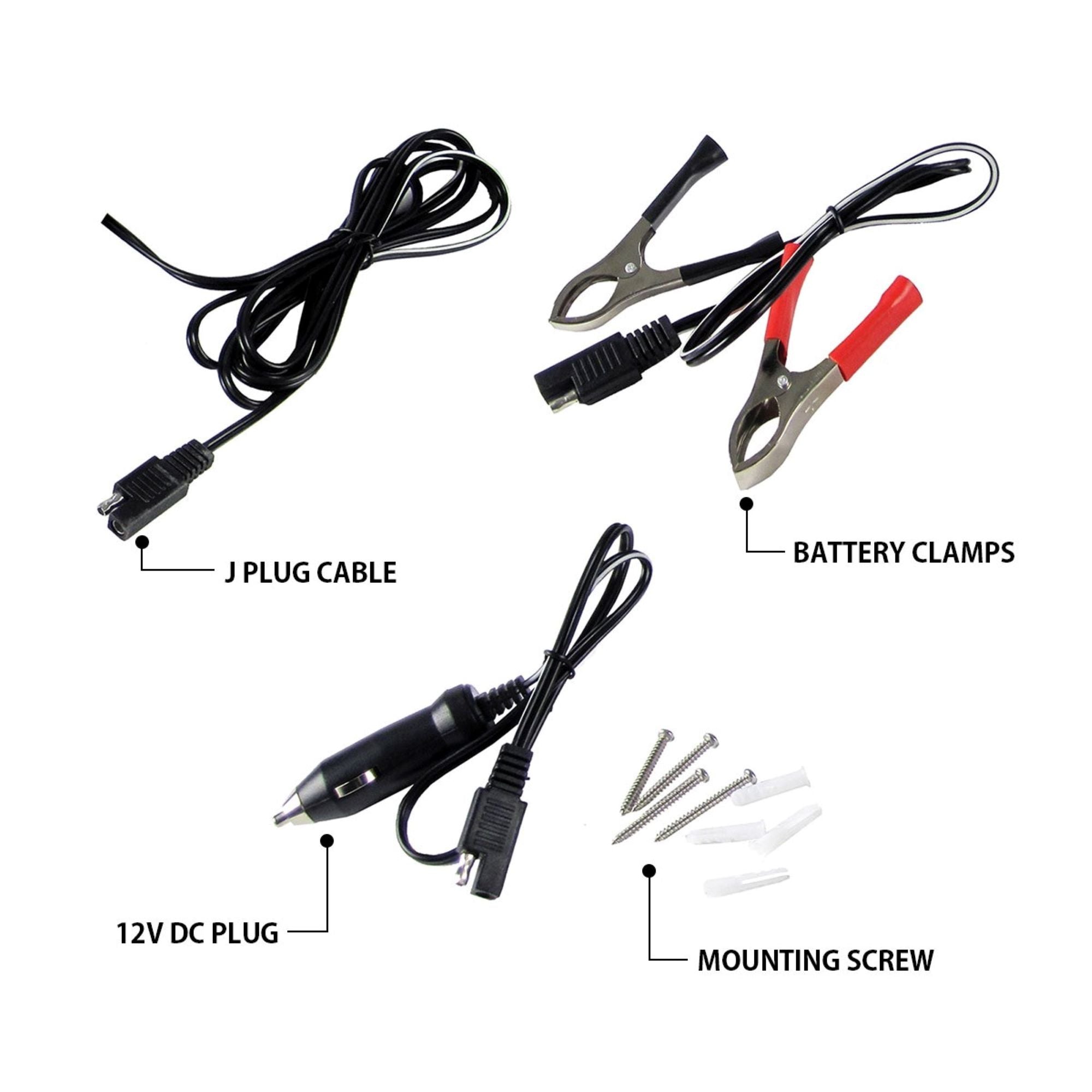 Product shots of J-plug cable, 12V DC plug adapter, battery clamp adapter, and mounting screw hardware, labeled on a white background