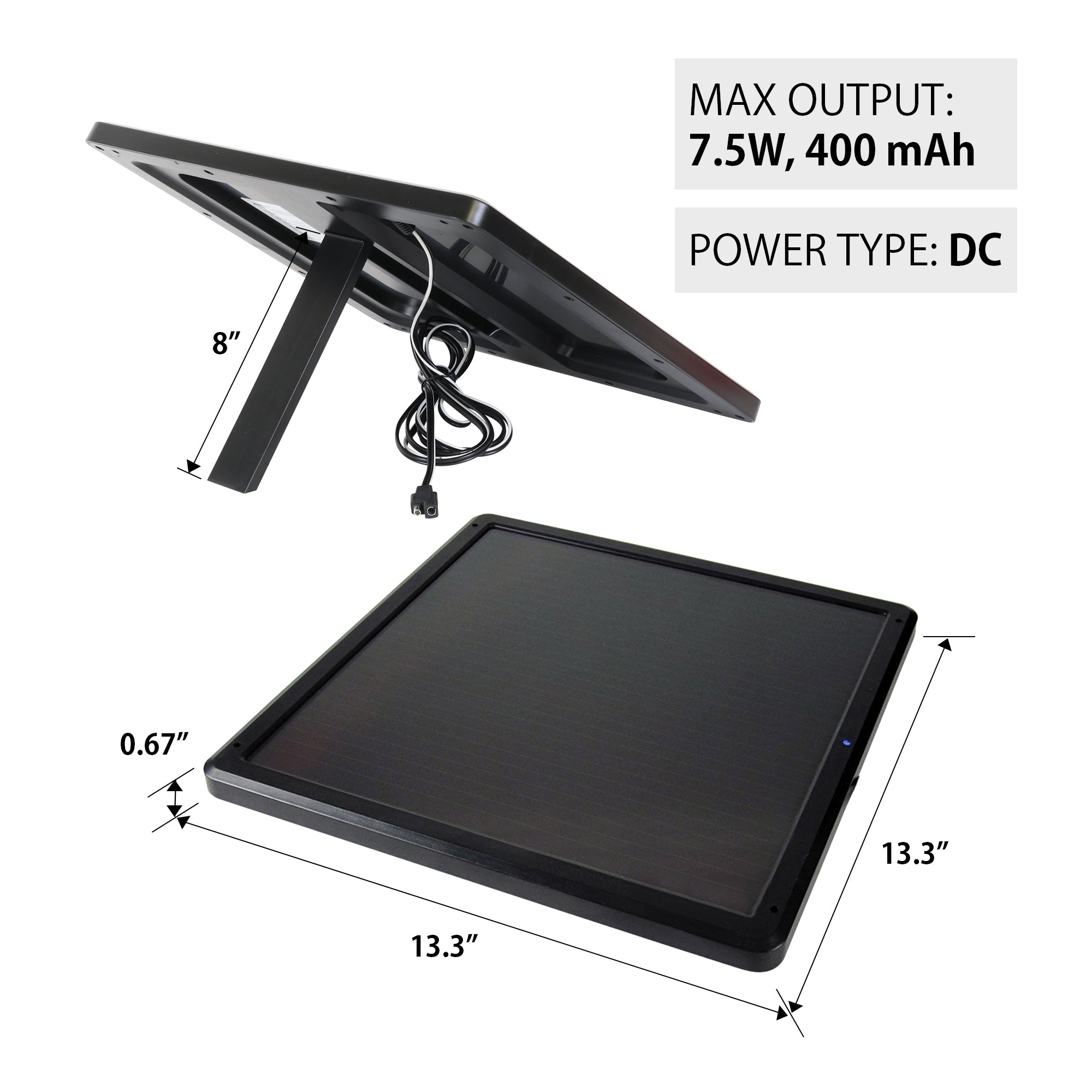 Two product shots, front and back, of the 7.5W solar trickle charger on a white background with dimensions and specifications labeled