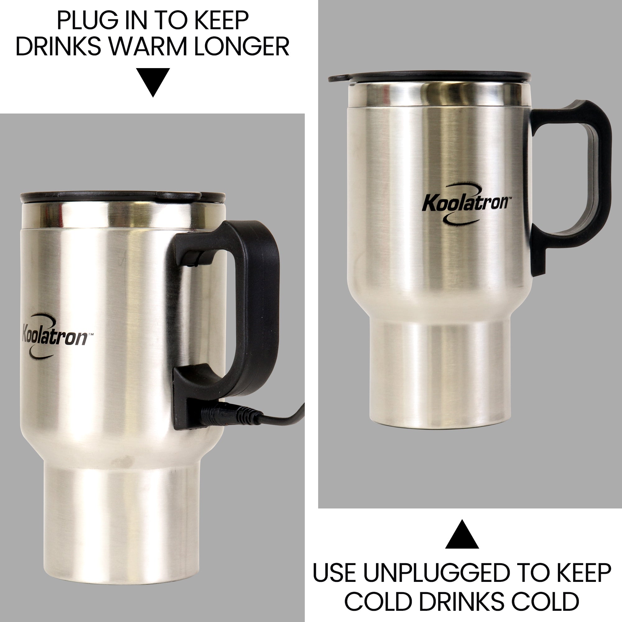 On the left is a product shot of the stainless steel insulated travel mug with heater with power cord plugged in on a gray background and text above reading, "Plug in to keep drinks warm longer." On the right is a product shot of the insulated travel mug without power cord on a gray background and text below reading, "Use unplugged to keep cold drinks cold"