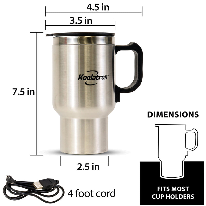 Product shot of stainless steel travel mug and USB power cord on a white background with dimensions labeled. Inset icon and text reads, "Dimensions" and "Fits most cup holders"