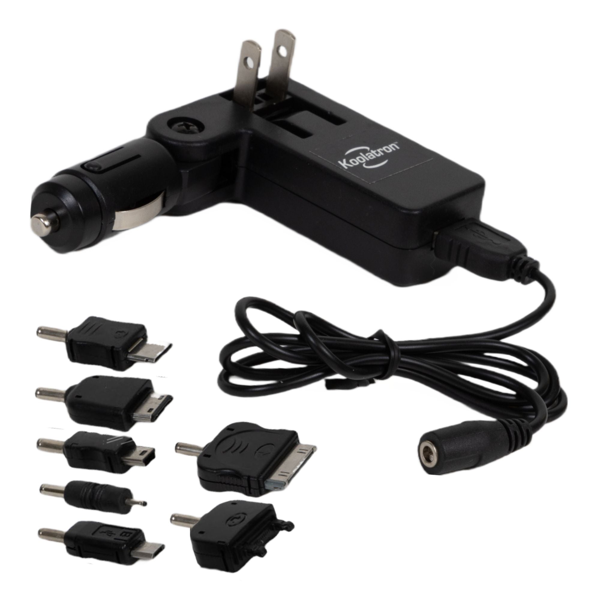 Product shot of cell phone charger with AC prongs and 12V plug expanded on a white background with USB cord plugged in and 7 socket adapters below
