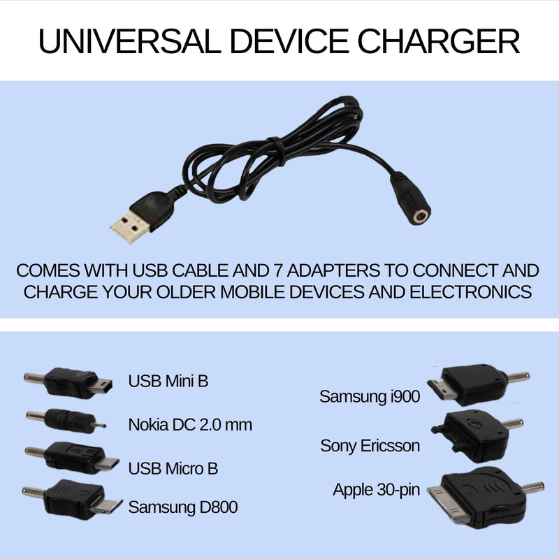 Top half shows a USB cable with text above reading, "Universal device charger," and text below reading, "Comes with USB cable and 7 adapters to connect and charge your older mobile devices and electronics." Bottom half shows the 7 socket adapters, labeled, "USB mini B; Nokia DC 2.0 mm; USB Micro B; Samsung D800; Samsung i900; Sony Ericsson; Apple 30-pin."